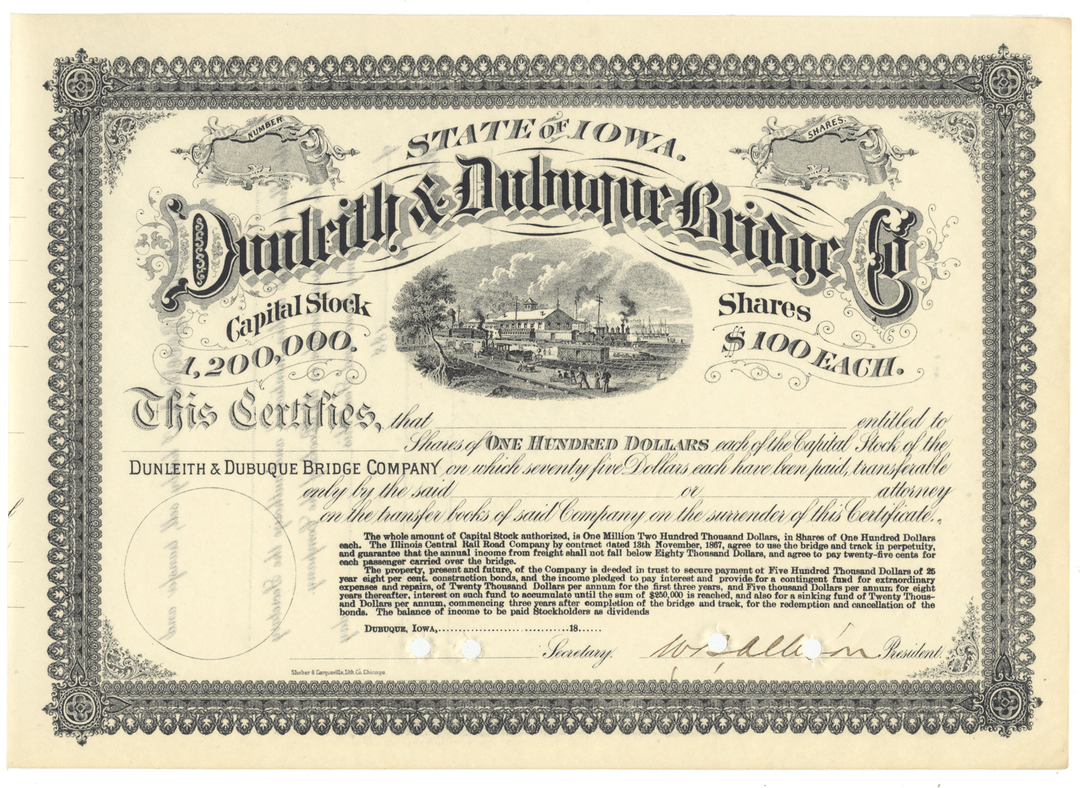 Dunleith & Dubuque Bridge Company Stock Certificate Signed by William Boyd Allison