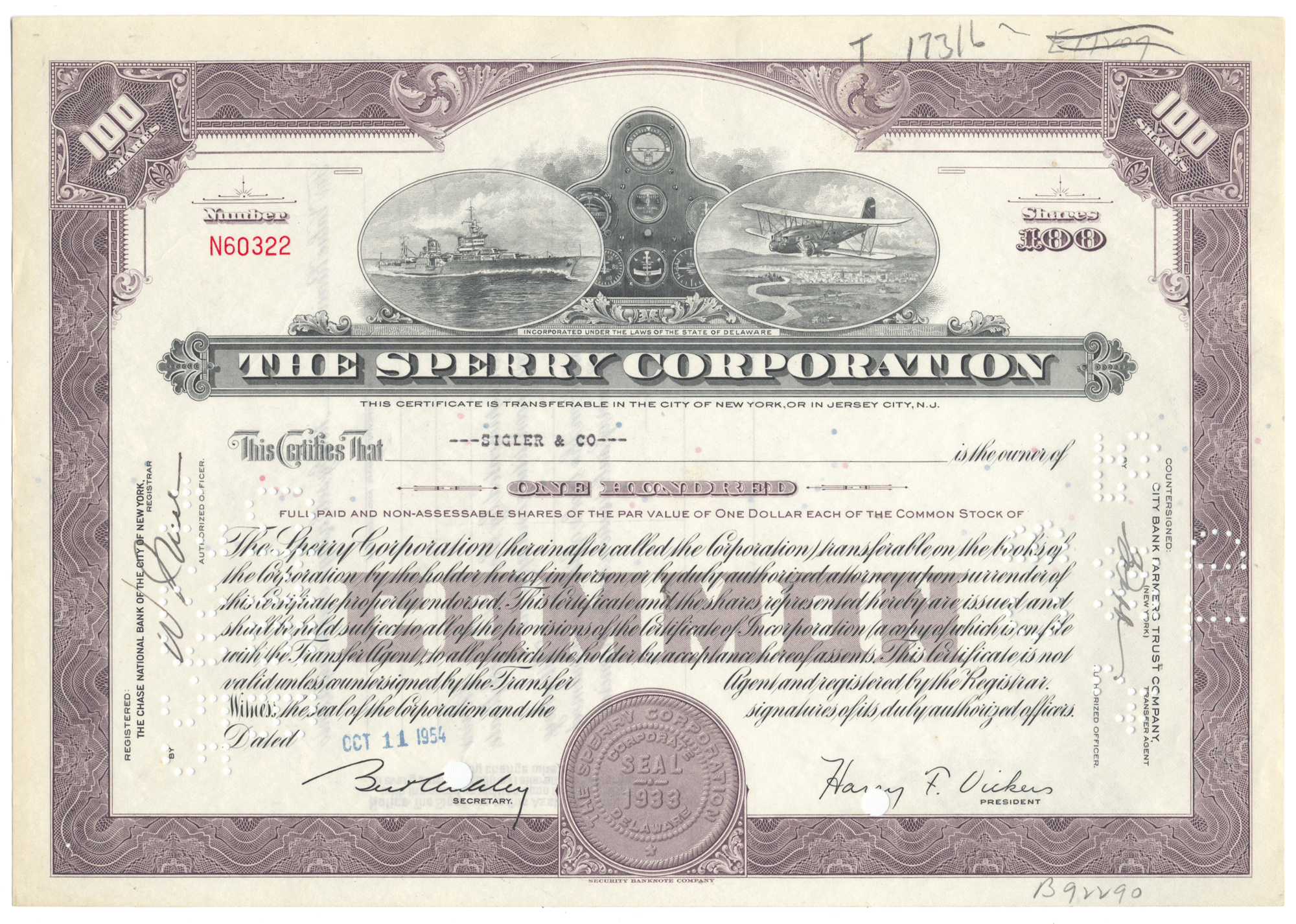 Sperry Corporation stock certificate with detailed design and text