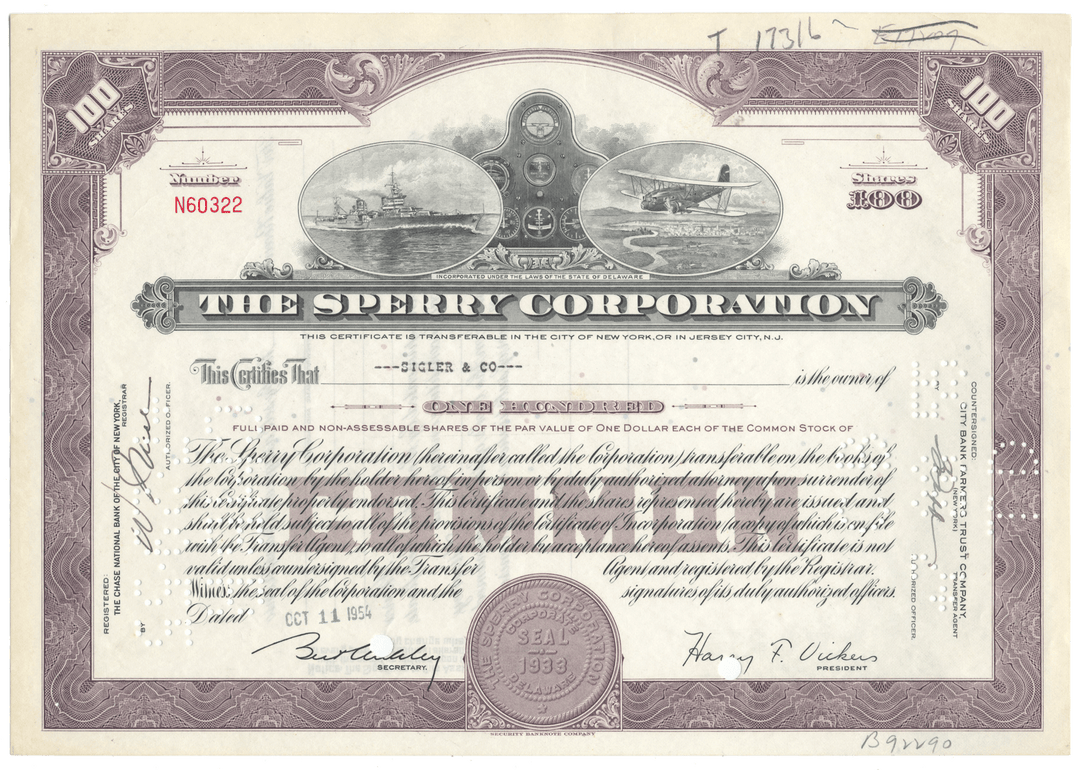 Sperry Corporation stock certificate with detailed design and text