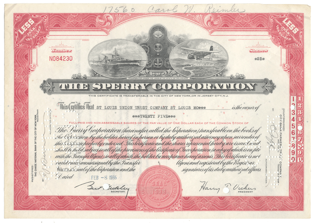 Sperry Corporation stock certificate 
