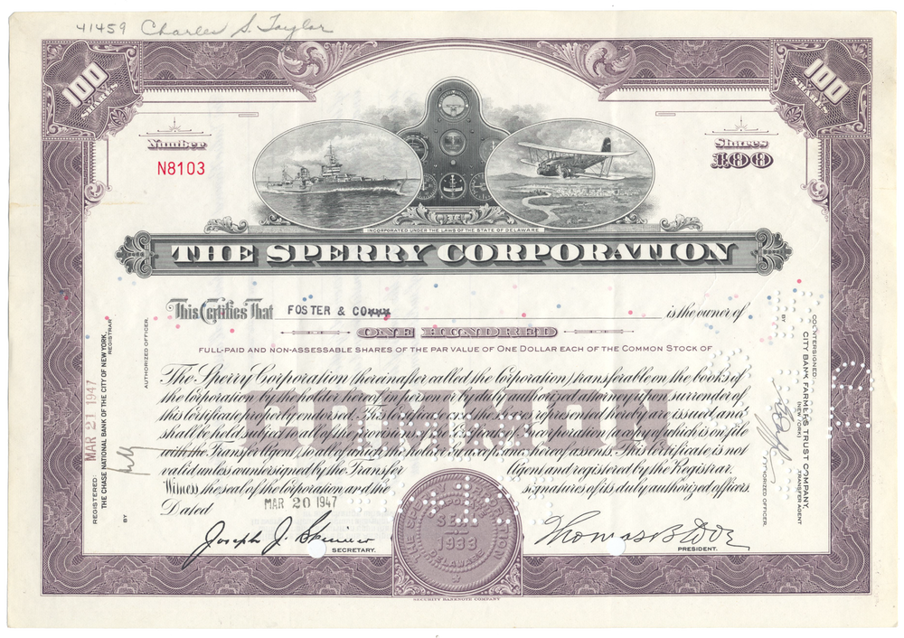 Sperry Corporation Stock Certificate