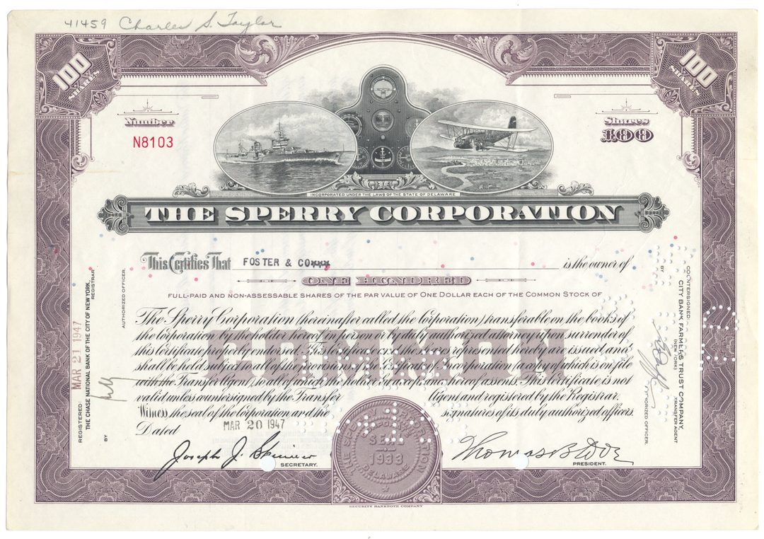 Sperry Corporation Stock Certificate