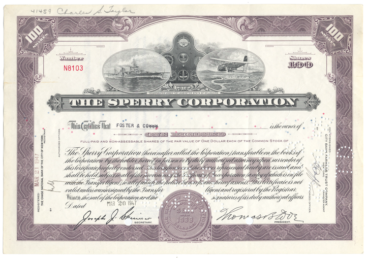 Sperry Corporation Stock Certificate