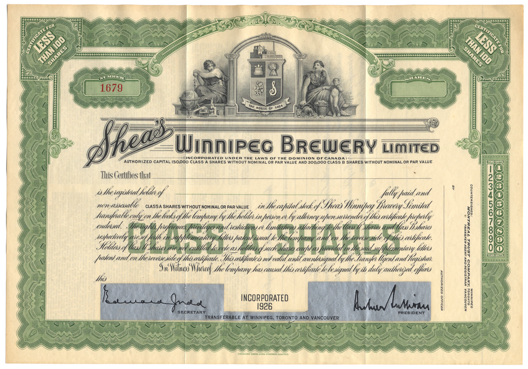 Shea's Winnipeg Brewery Limited Stock Certificate