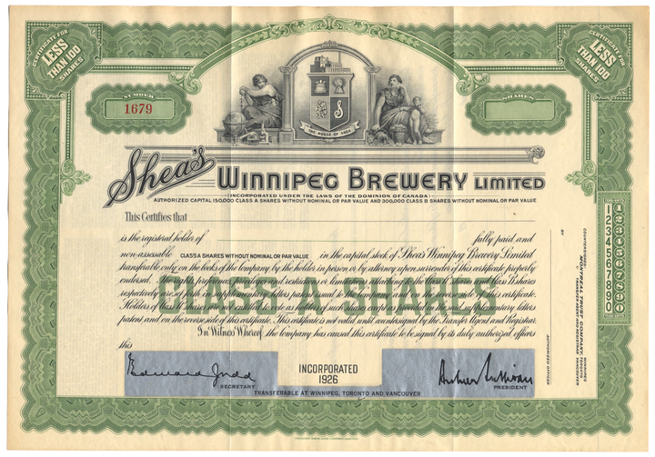 Shea's Winnipeg Brewery Limited Stock Certificate