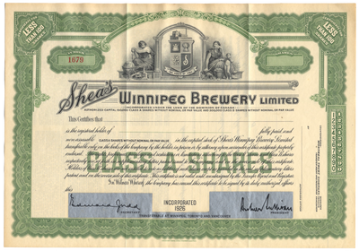 Shea's Winnipeg Brewery Limited Stock Certificate