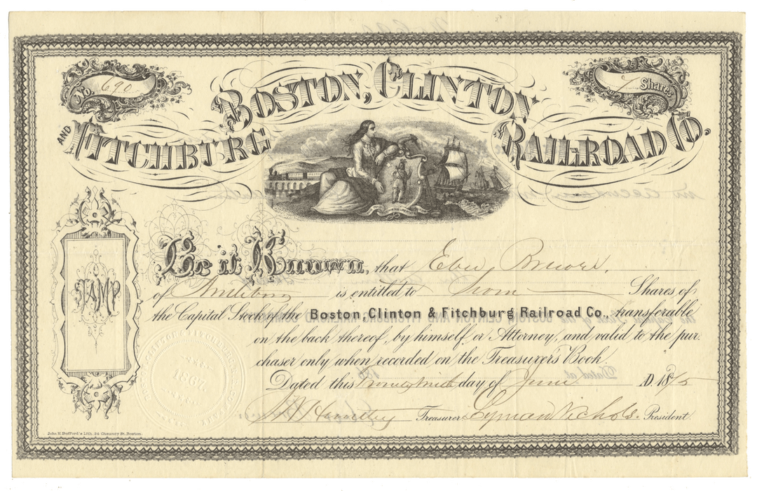 Historical stock certificate for the Boston, Clinton & Fitchburg Railroad Company from 1875