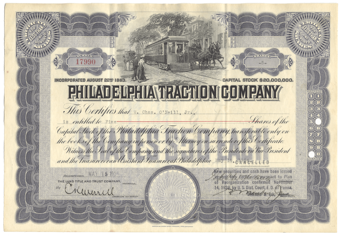 Philadelphia Traction Company stock certificate with vintage design and illustration of a horse-drawn streetcar.