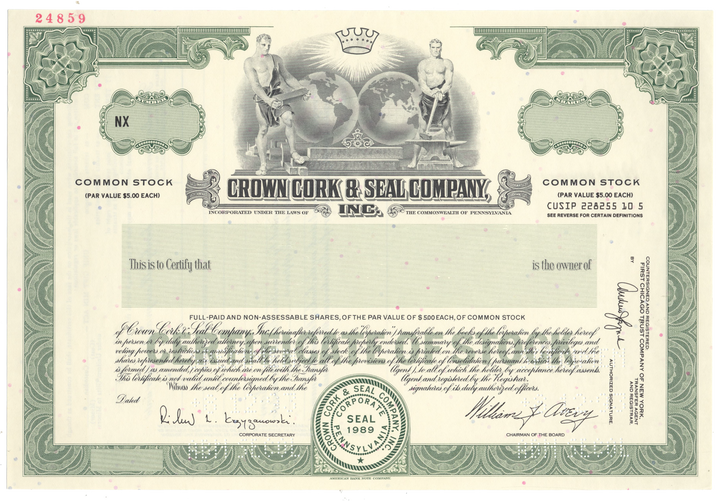 Crown Cork & Seal Company, Inc. Specimen Stock Certificate