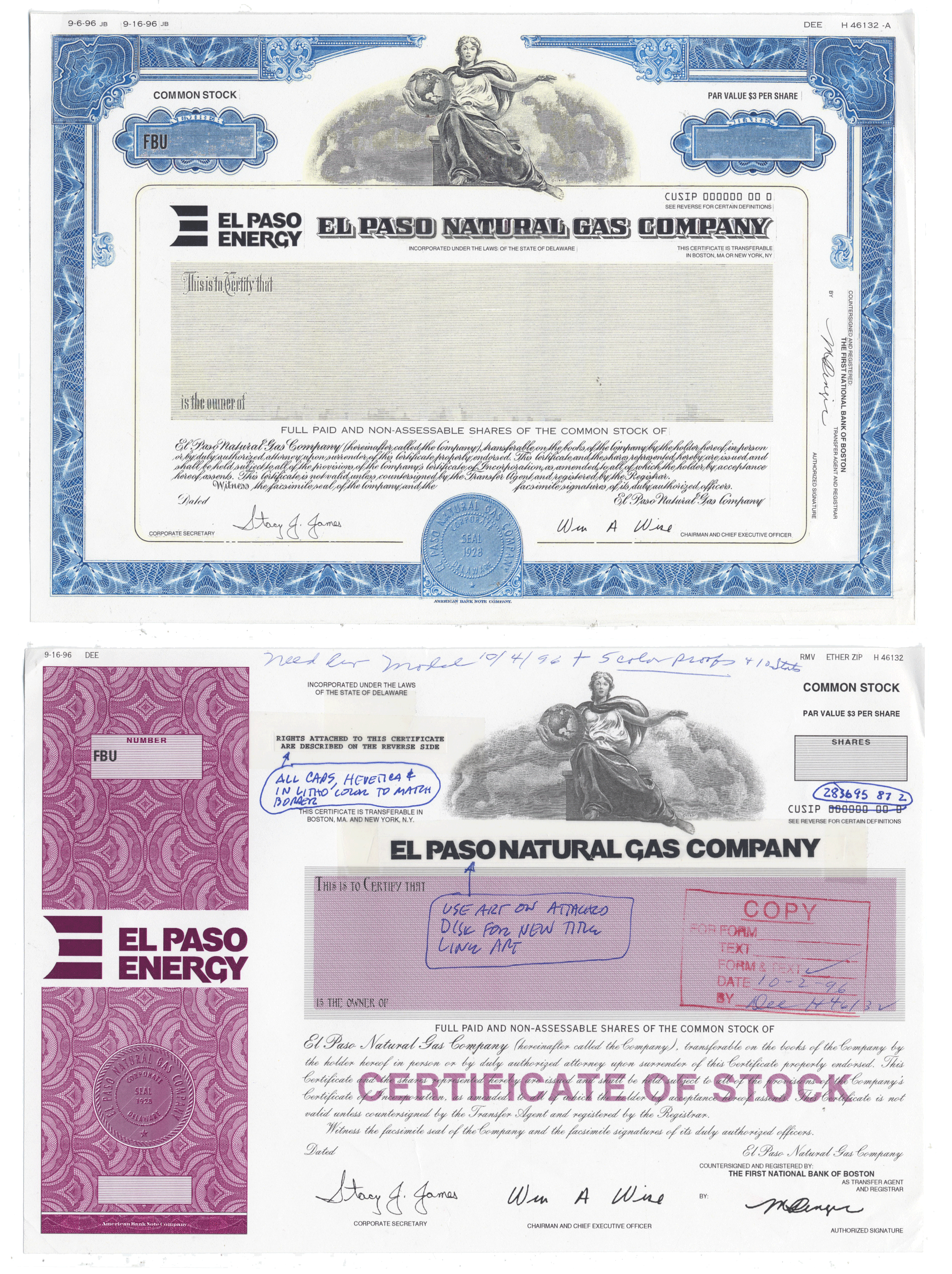 Rare EL PASO NATURAL GAS Working Proof Set of 2 Stock Certificates