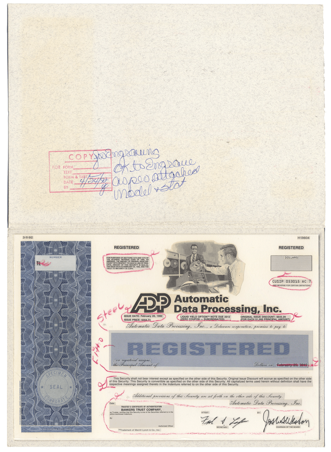 Working Proof from Automatic Data Processing (ADP) for one of the company's Registered Notes