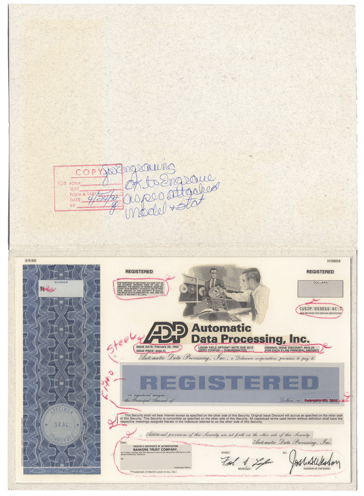 Working Proof from Automatic Data Processing (ADP) for one of the company's Registered Notes