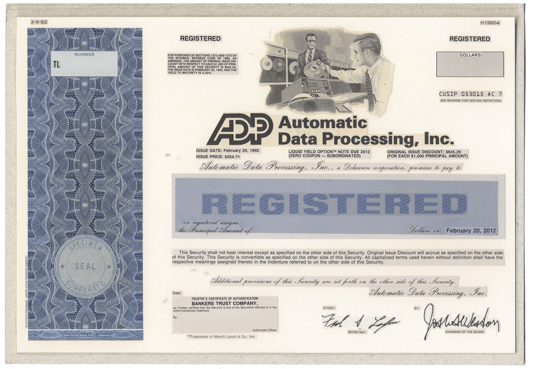 Working Proof from Automatic Data Processing (ADP) for one of the company's Registered Notes