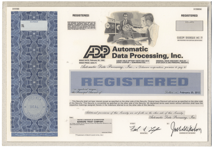 Working Proof from Automatic Data Processing (ADP) for one of the company's Registered Notes