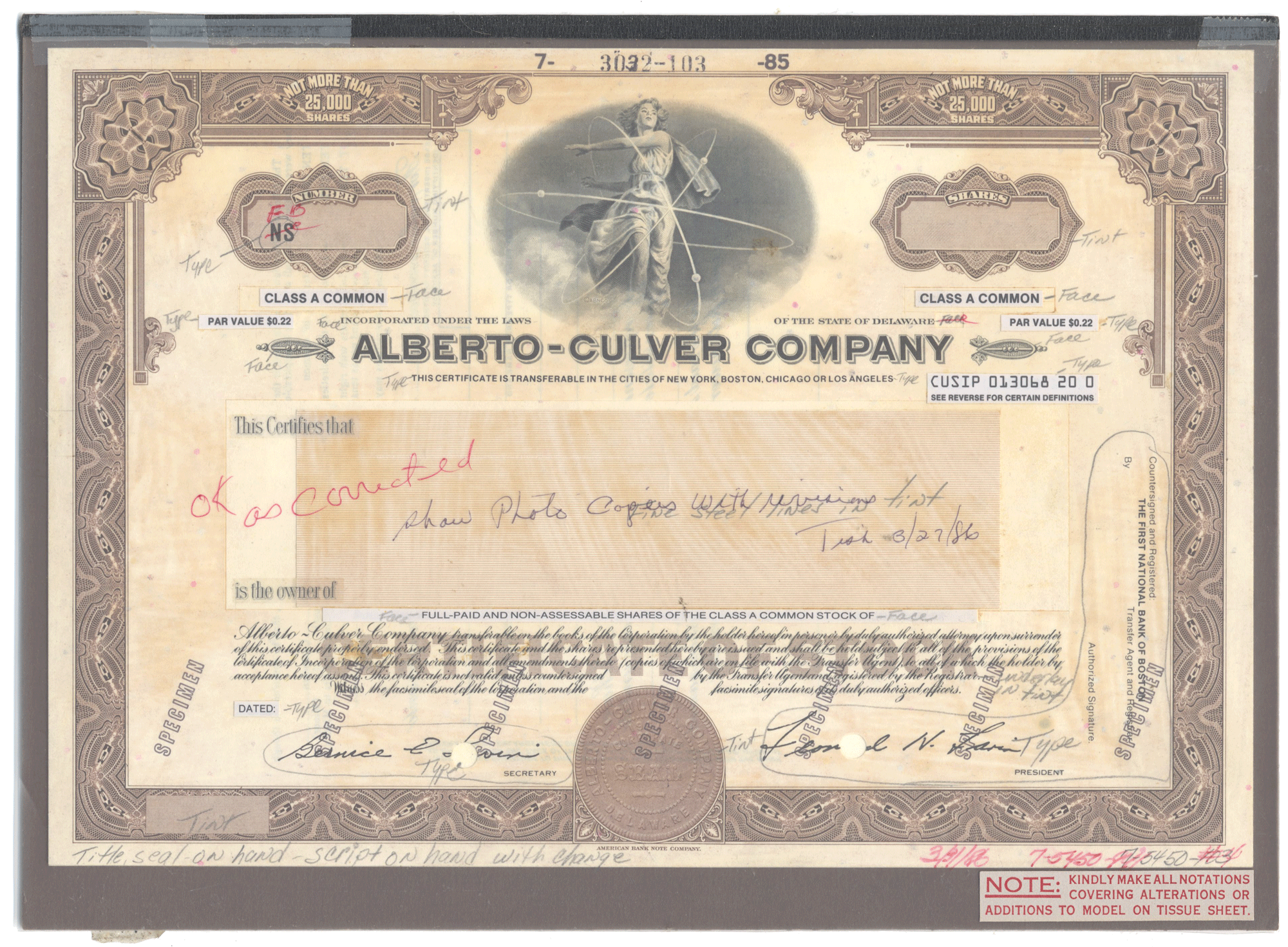 Working Proof from the Alberto-Culver Company for the company's Class A Common Stock