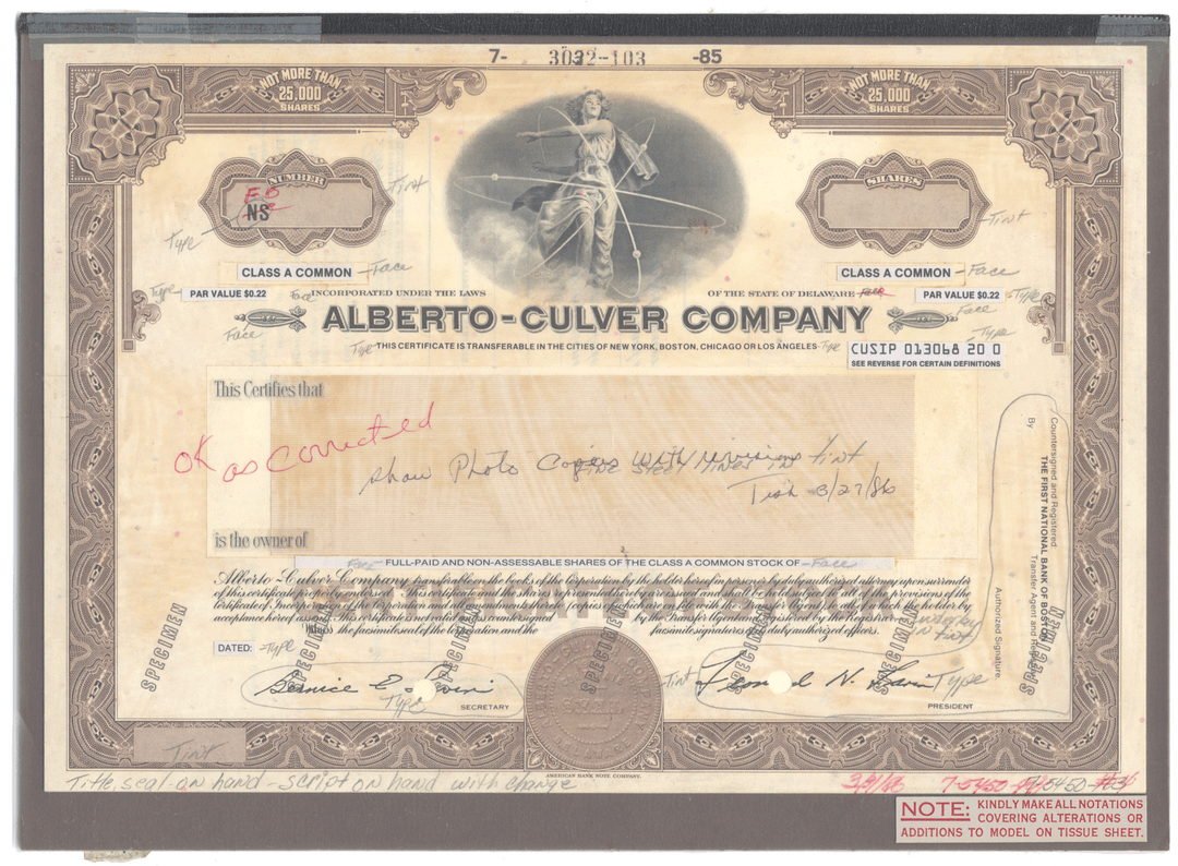 Working Proof from the Alberto-Culver Company for the company's Class A Common Stock