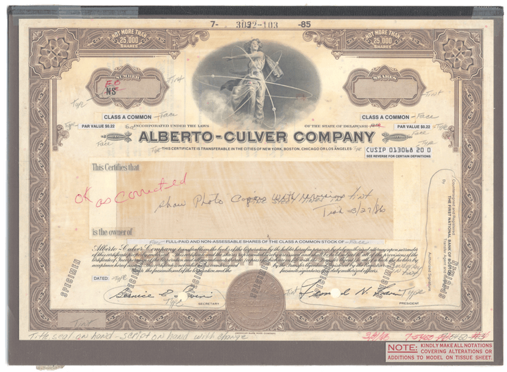 Working Proof from the Alberto-Culver Company for the company's Class A Common Stock