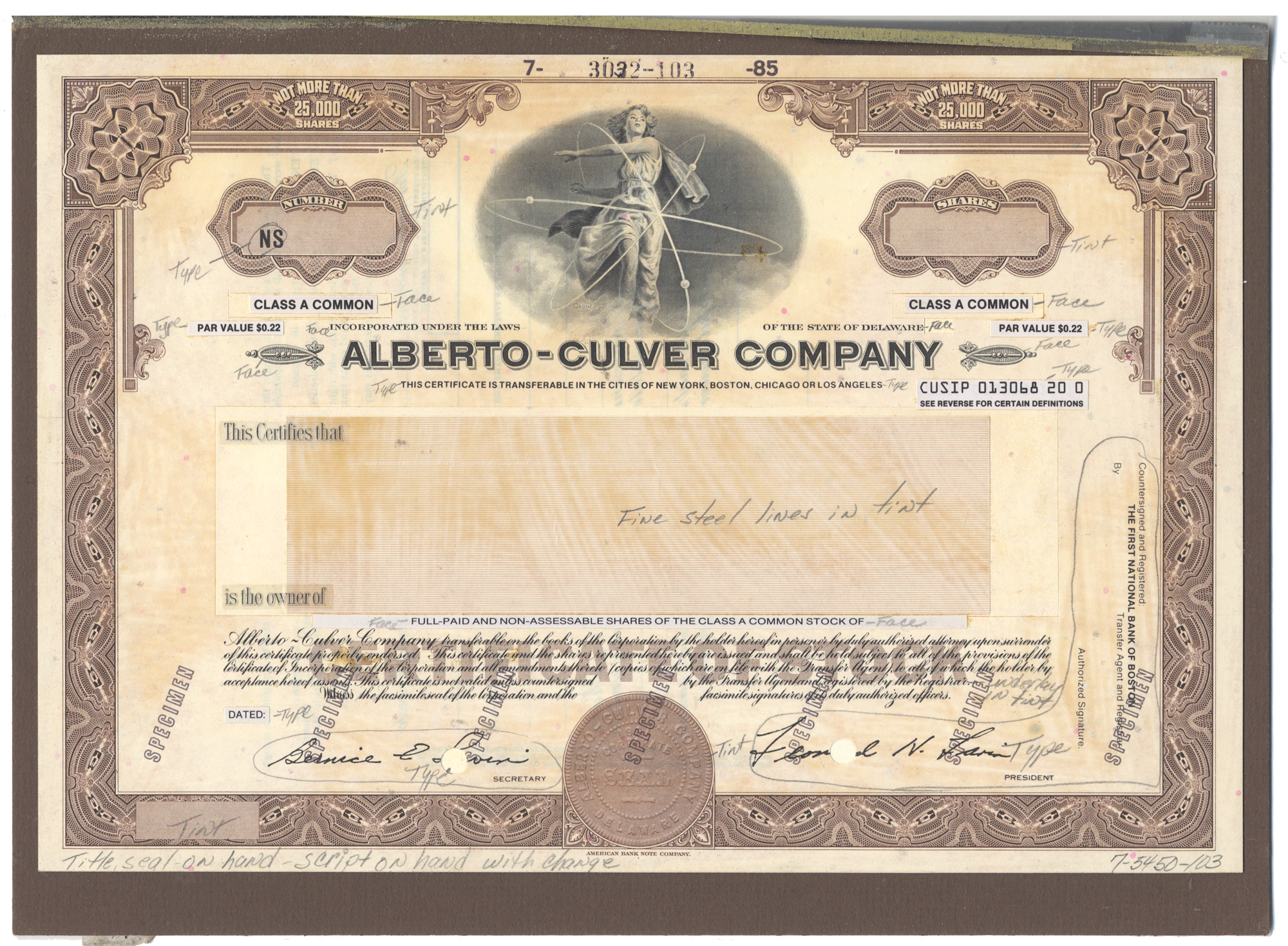 Working Proof from the Alberto-Culver Company for the company's Class A Common Stock