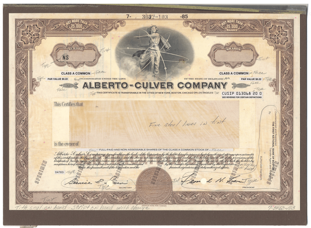 Working Proof from the Alberto-Culver Company for the company's Class A Common Stock