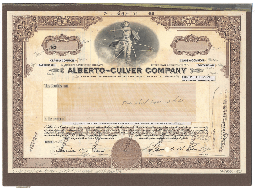 Working Proof from the Alberto-Culver Company for the company's Class A Common Stock