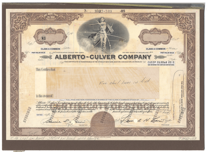 Working Proof from the Alberto-Culver Company for the company's Class A Common Stock