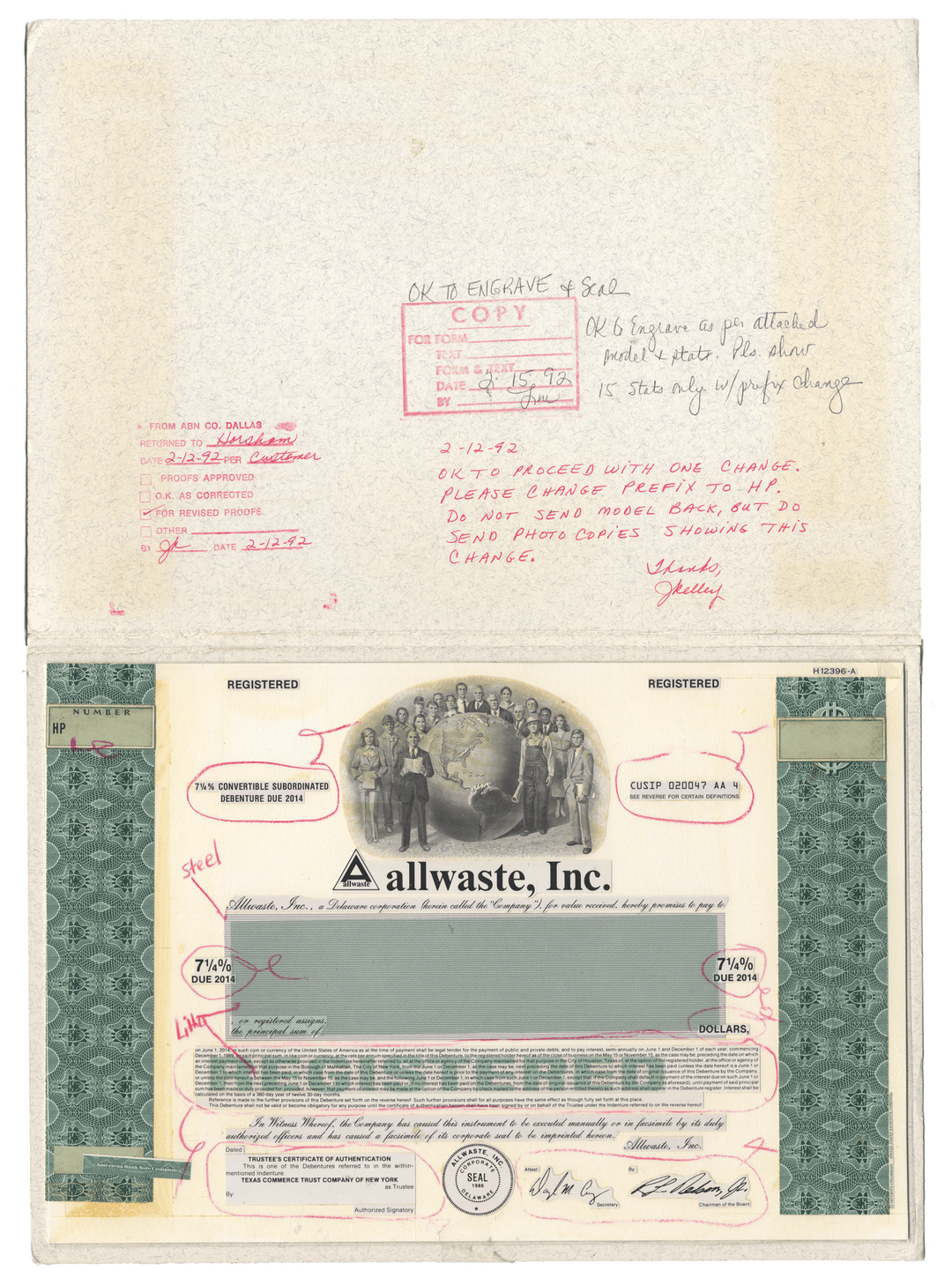 Working Proof From Allwaste, Inc. for one of the company's Convertible Subordinated Debenture Bonds