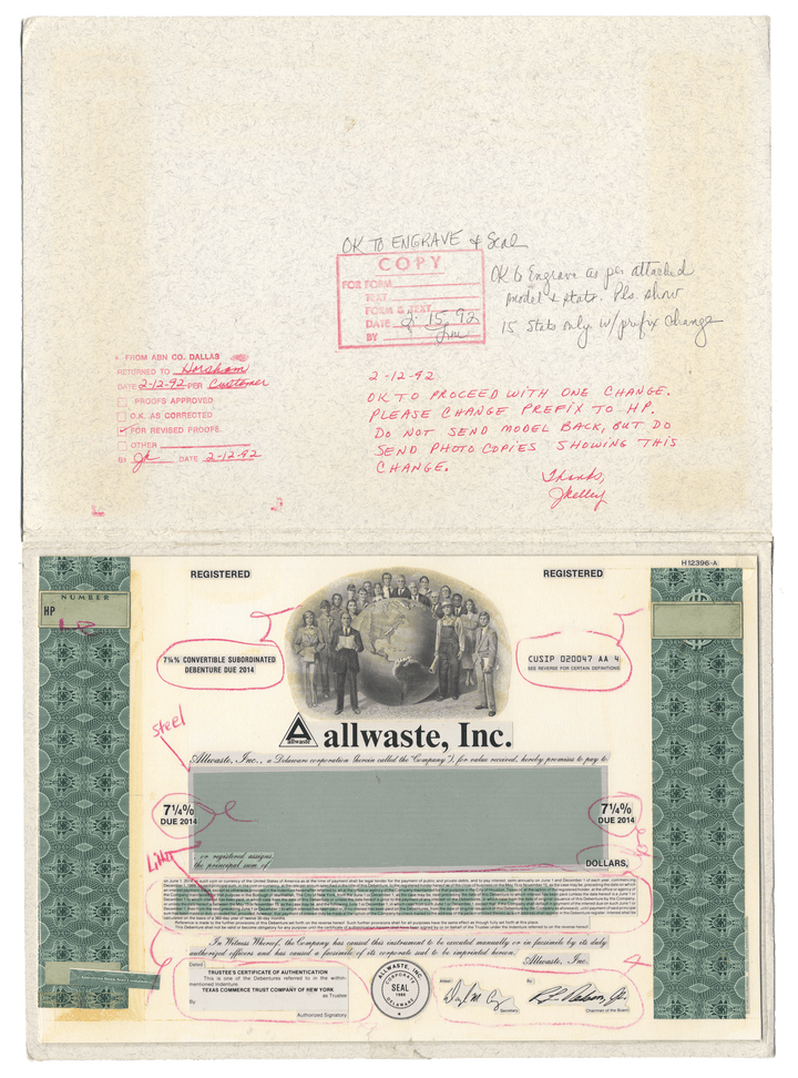 Working Proof From Allwaste, Inc. for one of the company's Convertible Subordinated Debenture Bonds