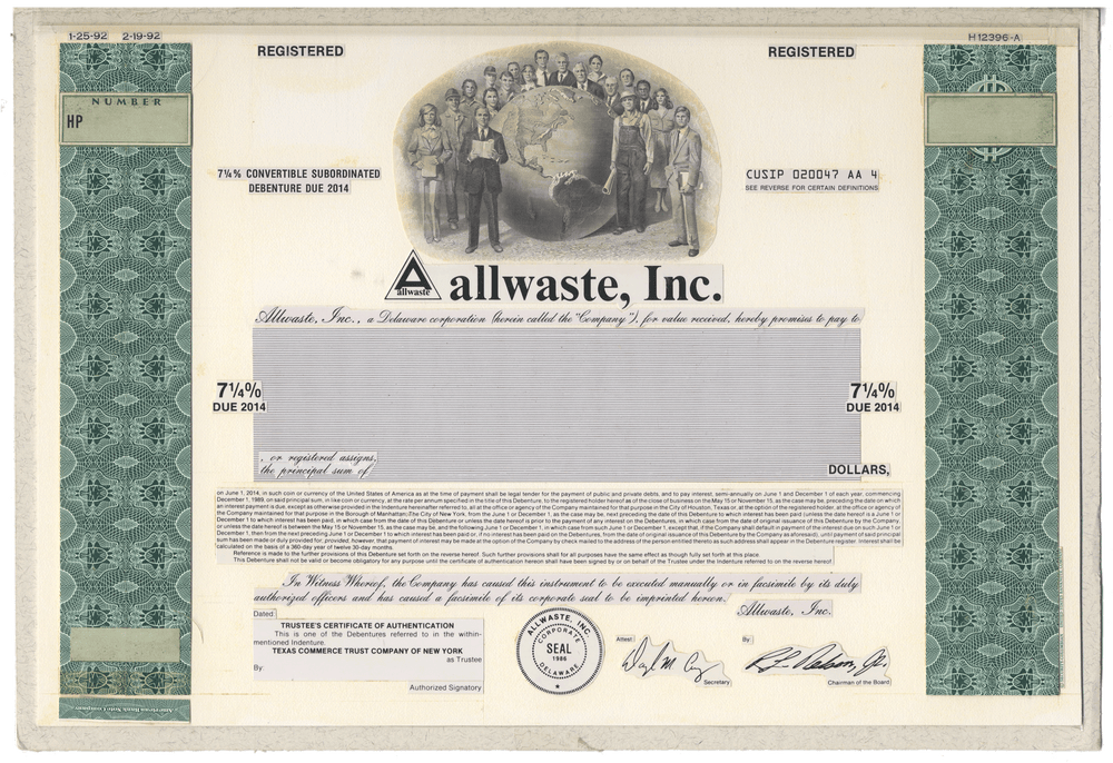 Working Proof From allwaste, Inc. for one of the company's Convertible Subordinated Debenture Bonds