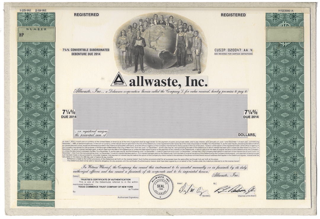 Working Proof From allwaste, Inc. for one of the company's Convertible Subordinated Debenture Bonds
