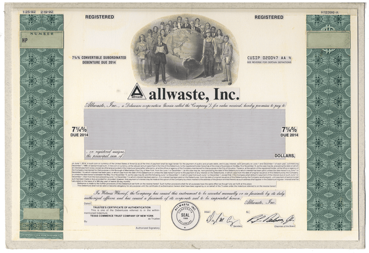 Working Proof From allwaste, Inc. for one of the company's Convertible Subordinated Debenture Bonds
