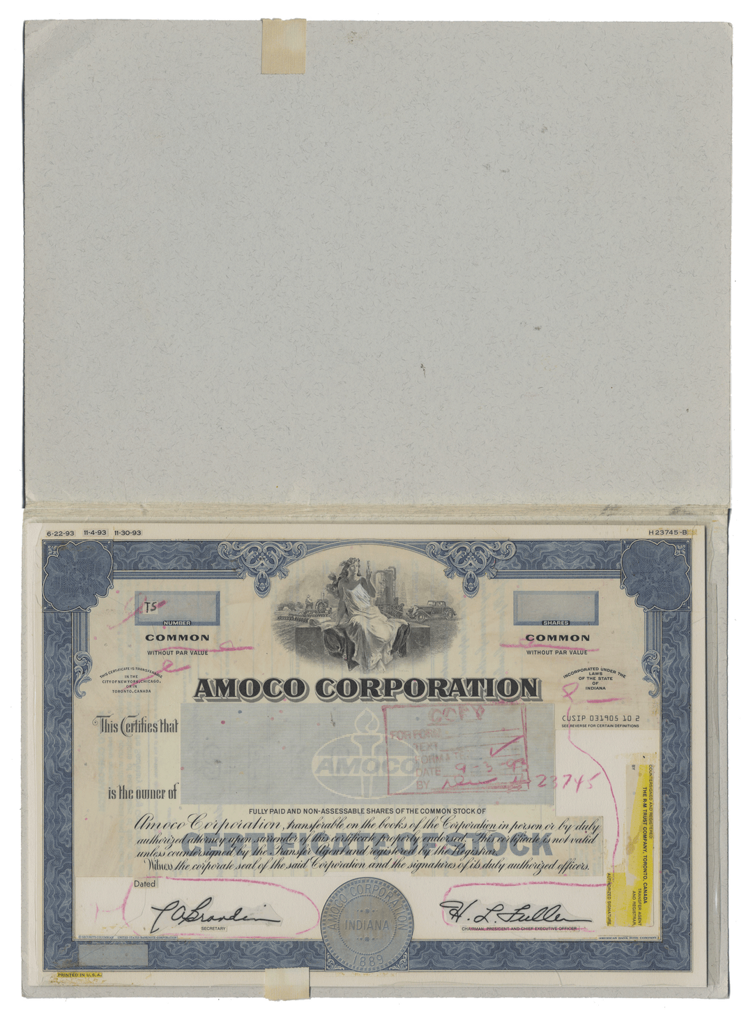 Working Proof from AMOCO for the company's Common Stock