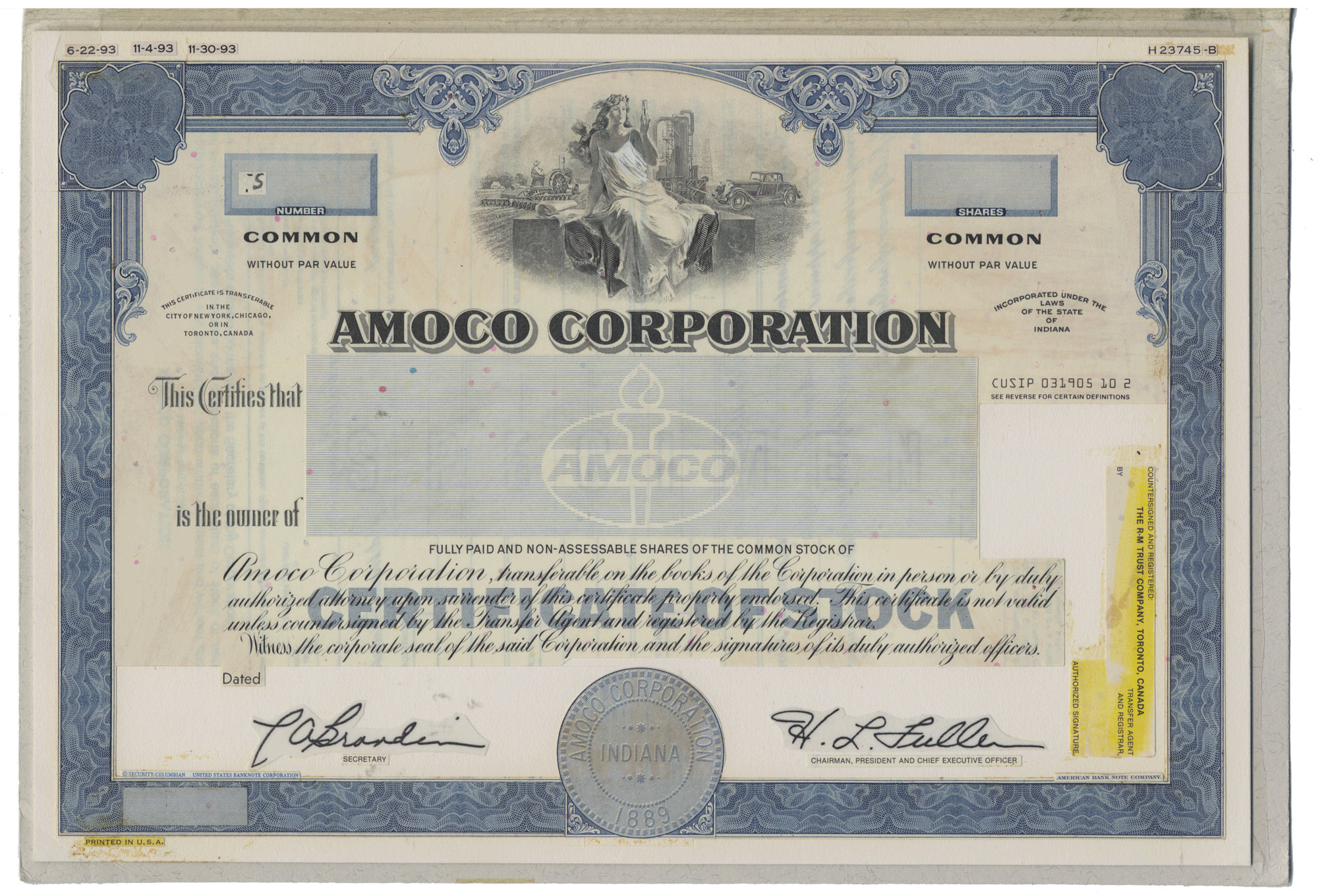 Working Proof from AMOCO for the company's Common Stock