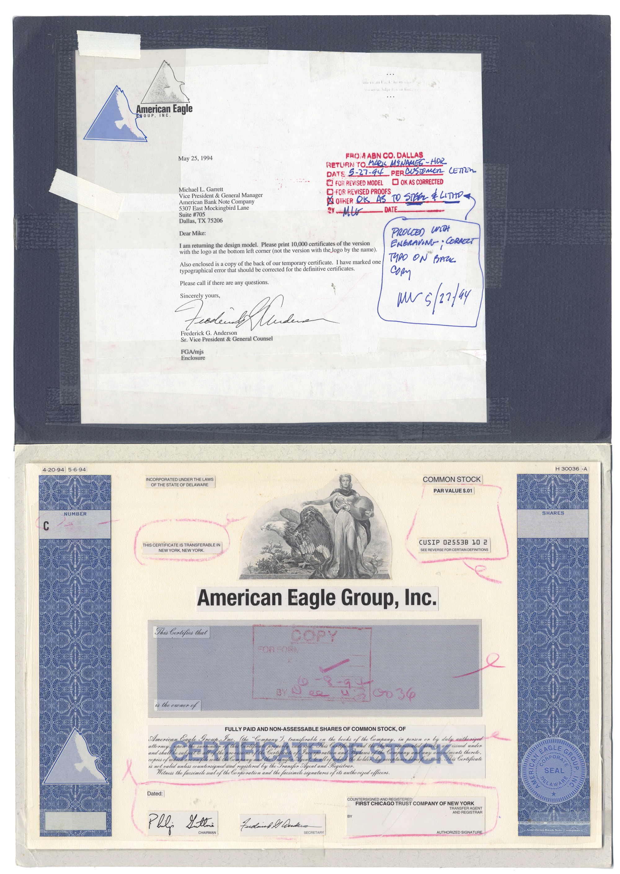 Working Proof from the American Eagle Group for the company's Common Stock