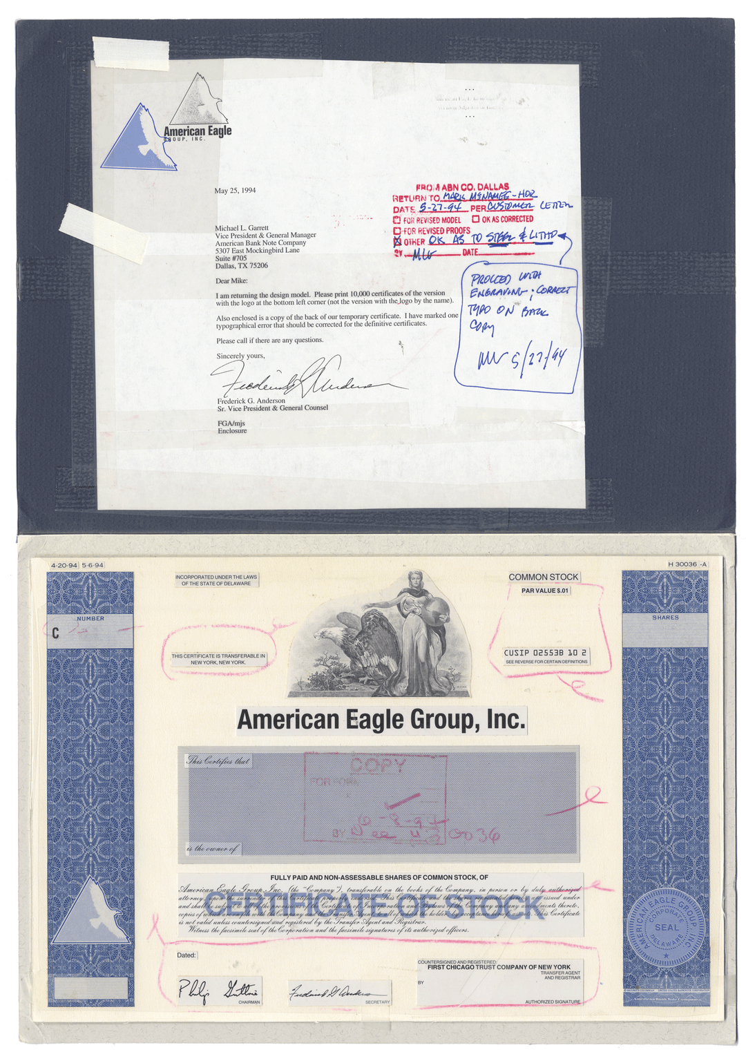 Working Proof from the American Eagle Group for the company's Common Stock