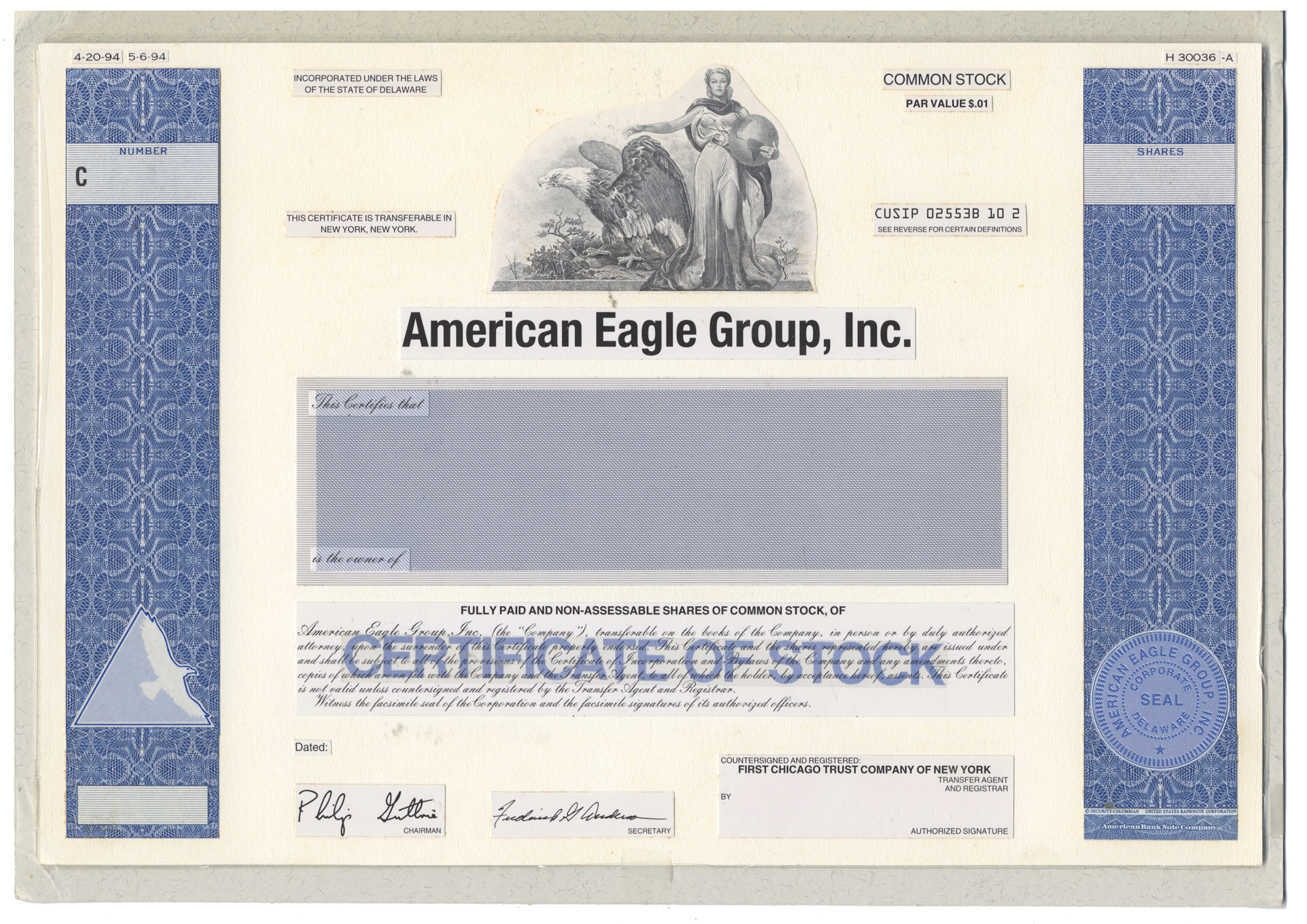 Working Proof from the American Eagle Group for the company's Common Stock