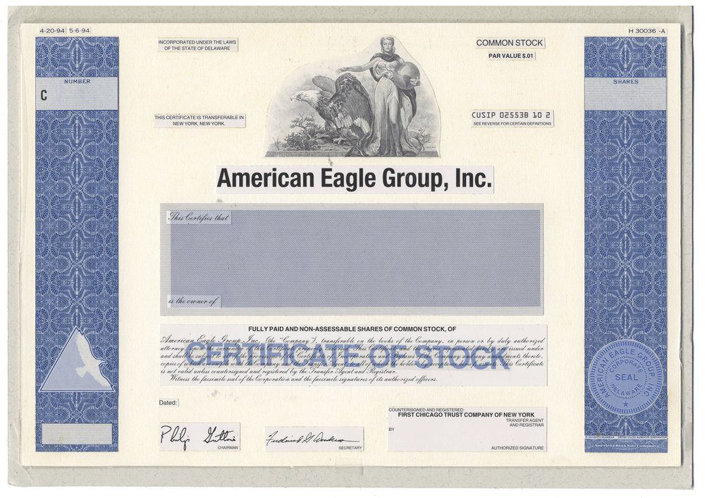 Working Proof from the American Eagle Group for the company's Common Stock