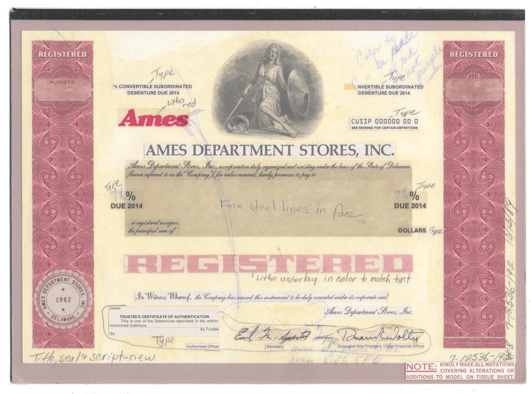 Very Rare AMES DEPARTMENT STORES Working Proof for one of the company's bond certificates