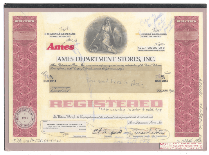 Very Rare AMES DEPARTMENT STORES Working Proof for one of the company's bond certificates