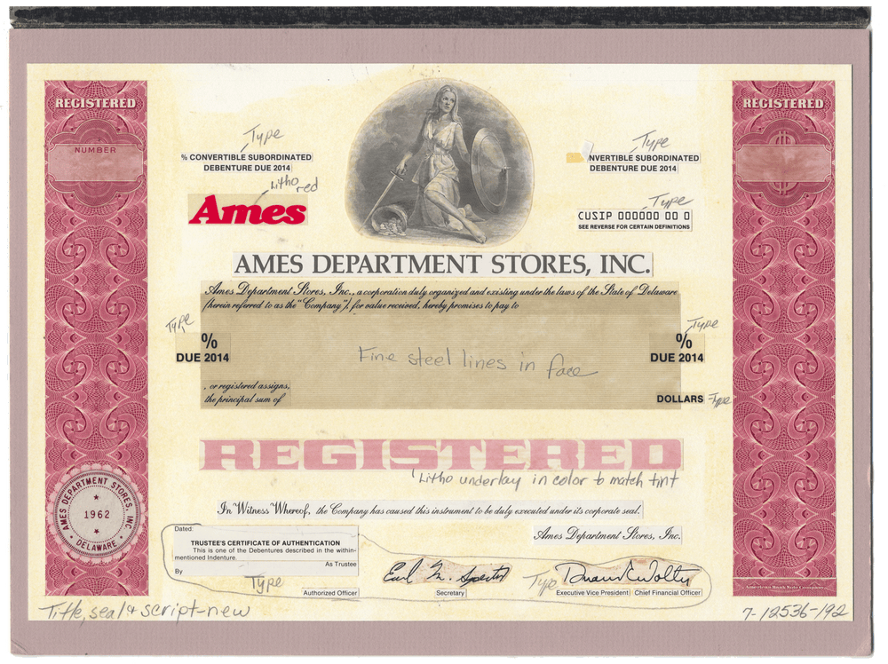 Very Rare AMES DEPARTMENT STORES Working Proof for one of the company's bond certificates