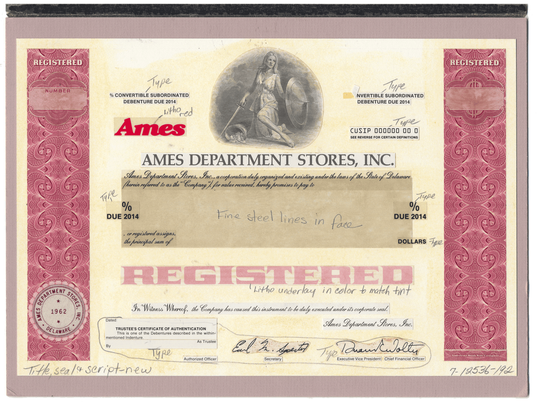 Very Rare AMES DEPARTMENT STORES Working Proof for one of the company's bond certificates