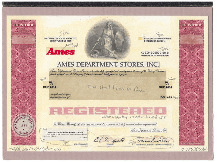 Very Rare AMES DEPARTMENT STORES Working Proof for one of the company's bond certificates