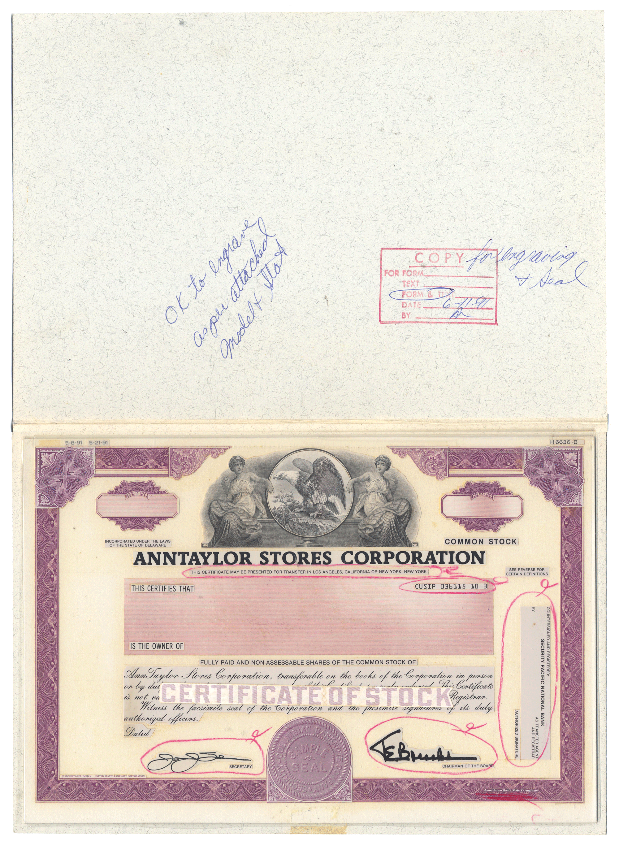 Working Proof from Ann Taylor Stores for the company's Common Stock