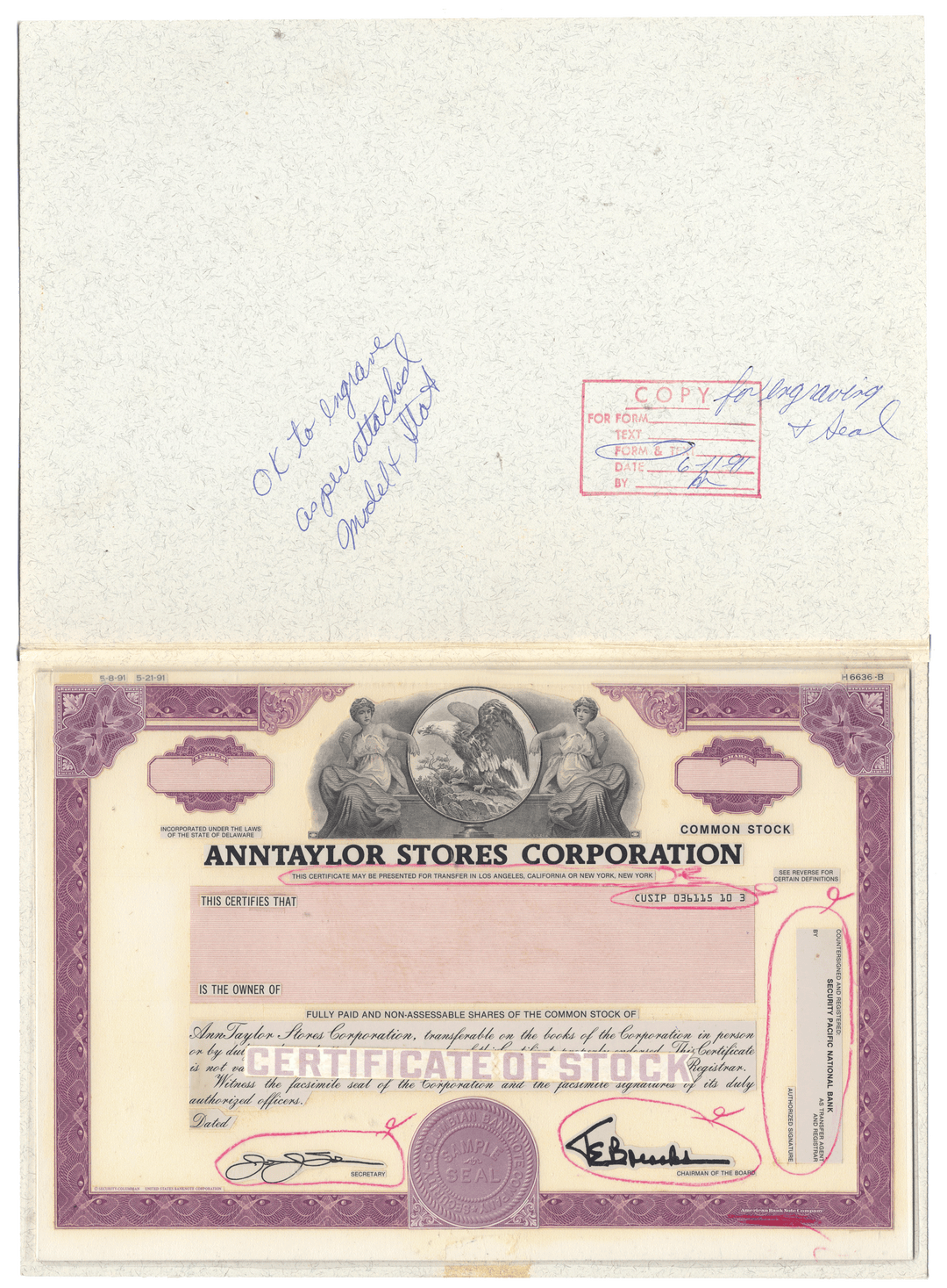 Working Proof from Ann Taylor Stores for the company's Common Stock