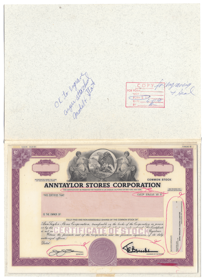 Working Proof from Ann Taylor Stores for the company's Common Stock