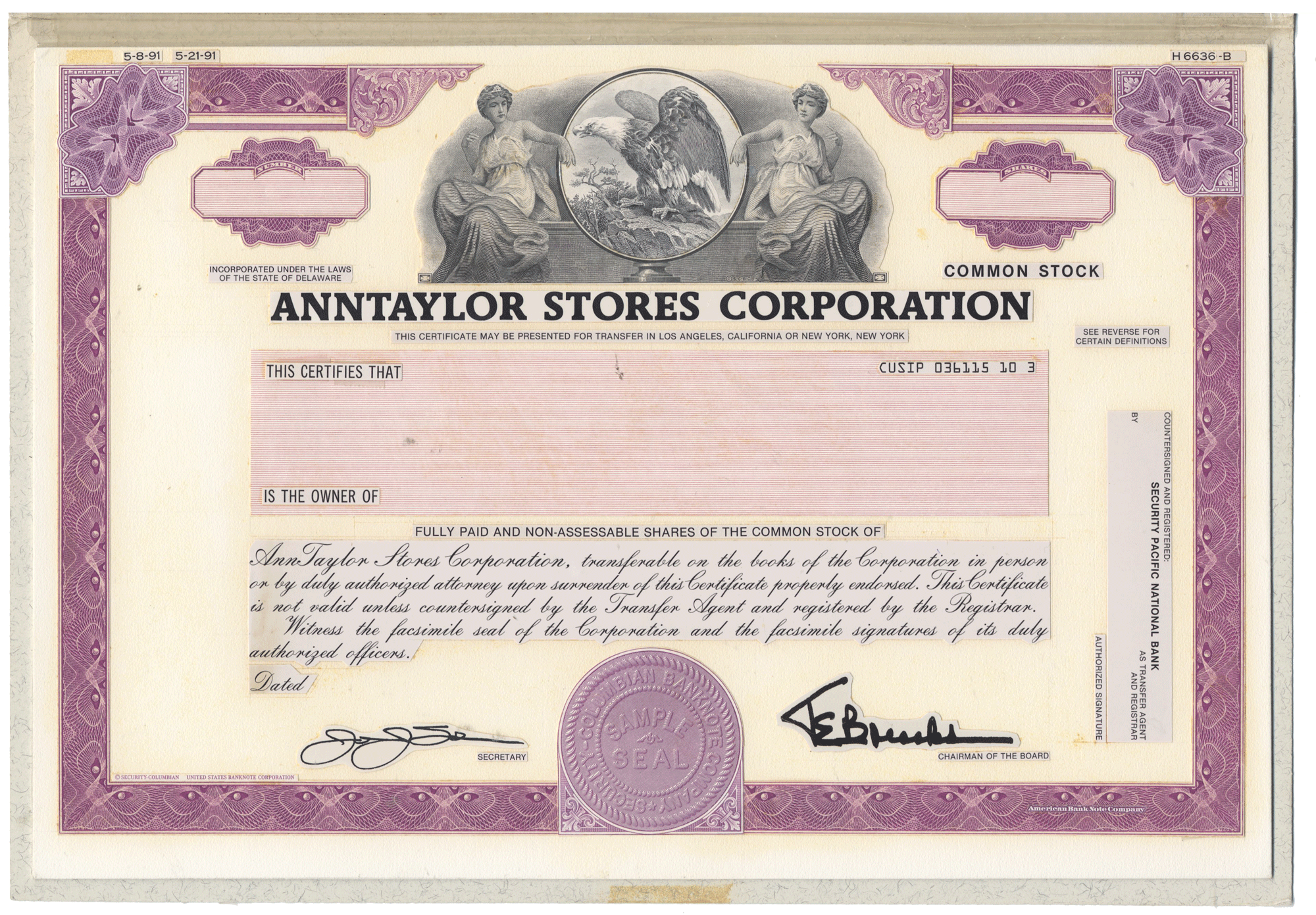 Working Proof from Ann Taylor Stores for the company's Common Stock