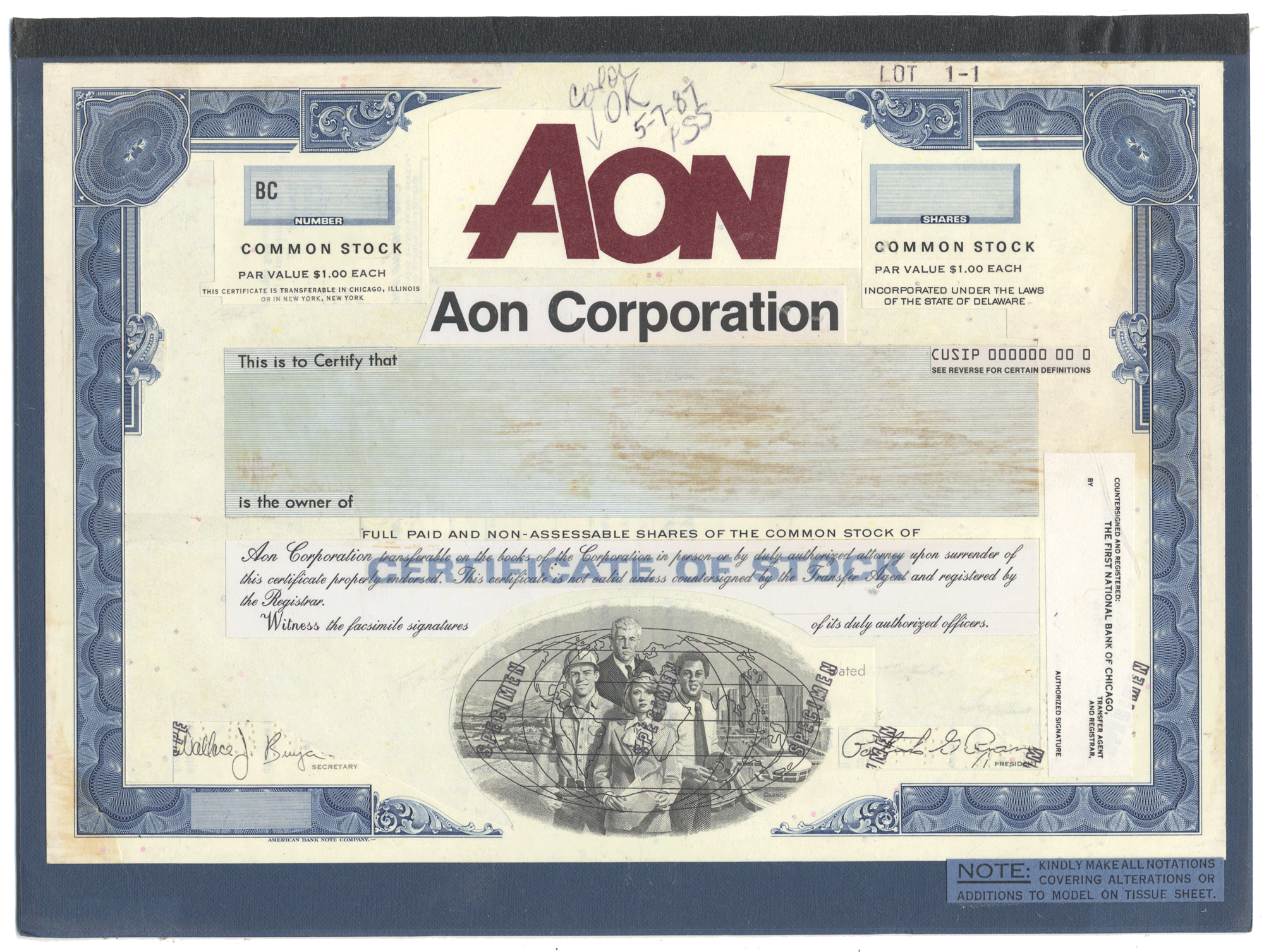 Working Proof from Aon Corporation for the company's Common Stock