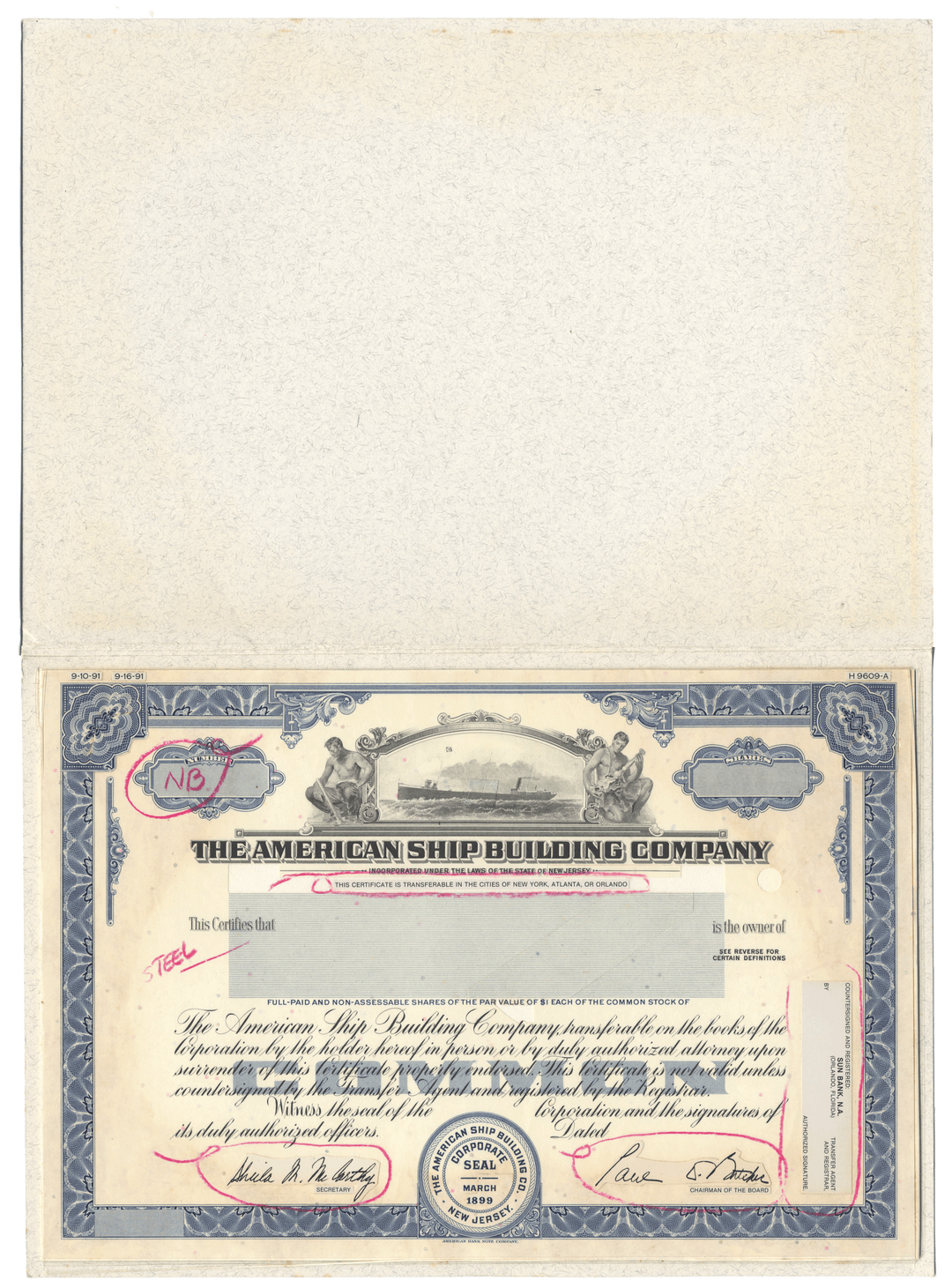 Very rare American Ship Building Company working proof for one of the company's stock certificates