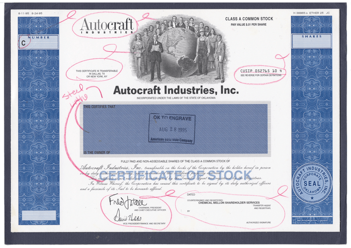 Working Proof from Autocraft Industries for the company's Common Stock