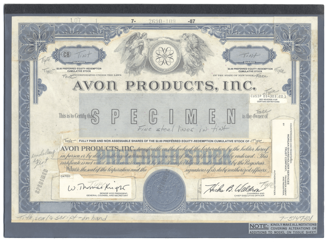 Rare Avon Products, Inc. working proof for the company's cumulative stock certificate