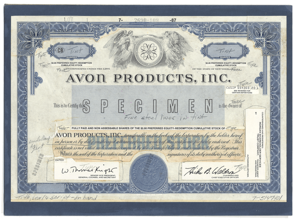 Rare Avon Products, Inc. working proof for the company's cumulative stock certificate